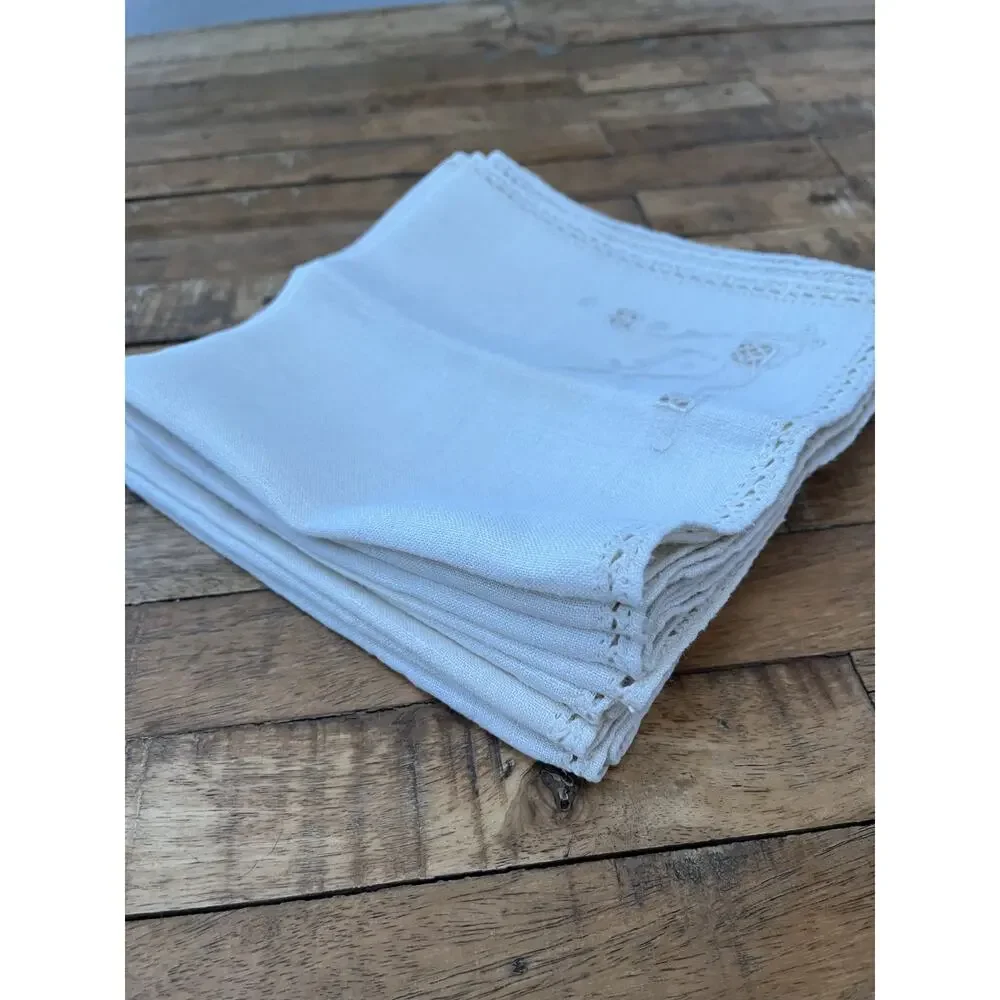 Off White Floral Embroidered Cottagecore Linen Napkins 16
